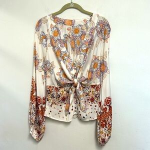 Free People Run Free Tunic Boho Floral Blouse Women’s Size M Tie Front Ivory Top